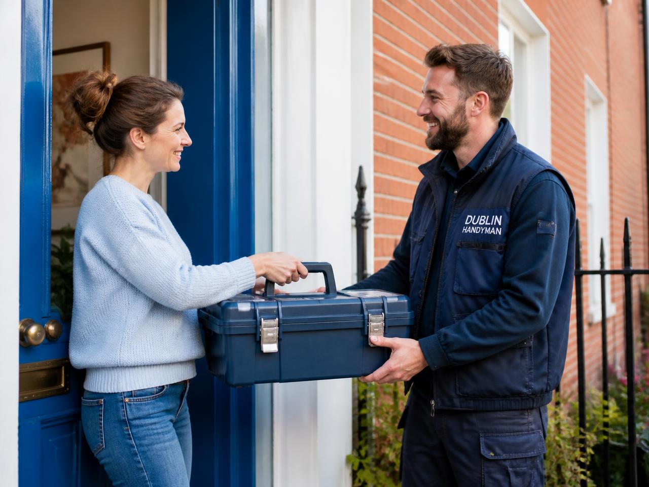 An Irish resident handing a toolbox to a local handyman at a front door